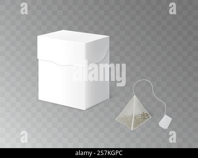 Green, black or herbal tea packaging template 3d realistic vector. Pyramid teabag or sachet with leave inside and label tag, blank white cardboard box illustration isolated on transparent background. Herbal tea packaging 3d realistic vector mockup Stock Vector