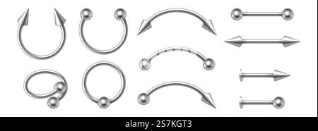 Piercing jewelry. Realistic metal nose rings. 3d earrings pierced face body accessories set. Silver cones and balls, metallic oops barbells. Vector illustration. Piercing jewelry. Realistic metal nose rings. 3d earrings pierced face body accessories set Stock Vector