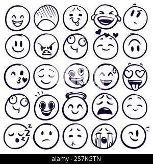 Doodle emoticons. Emoji with different expression of angry, happy and sad. Funny sketch faces for messages with smiling and crying vector outline emotion set. Doodle emoticons. Emoji with different expression of angry, happy and sad. Funny sketch faces for messages with smiling and crying vector set Stock Vector