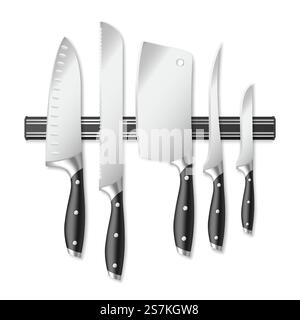 Kitchen knives hanging on magnetic holder set, butcher equipment and cooking tool on while background. Professional chef knife collection. Realistic 3d vector illustration. Kitchen knives hanging on magnetic holder set, butcher equipment and cooking tool. Stock Vector