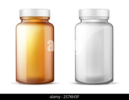 Empty, brown and transparent plastic or glass bottles with white screw lids 3d realistic vector mockup. Food product, medicines, pills or drugs packaging illustration set isolated on white background. Bottles for medicines realistic vector set Stock Vector