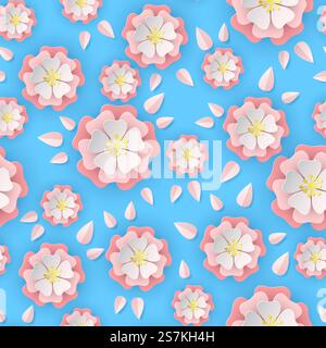 Paper sakura seamless pattern. Floral stylish wallpaper colorful blooming romantic flowers of cherry tree, cut paper origami eastern asian vector texture. Paper sakura seamless pattern. Floral stylish wallpaper colorful blooming flowers of cherry tree, cut paper origami asian vector texture Stock Vector