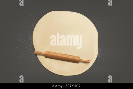 Cooking sweet bakery or bread, preparing pizza on kitchen table, flattening, sprinkled with flour, dough by wooden rolling pin with handles top view, 3d realistic vector isolated on grey background. Flattening dough with rolling pin realistic vector Stock Vector