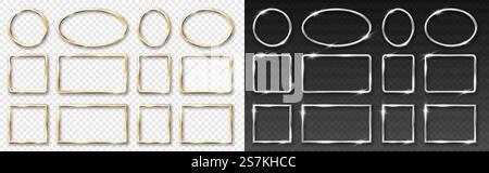 Gold and silver round frames set on transparent background. Golden and steel 3d realistic geometric circle and rectangular border with glow shine and light effect. Vector illustration. Gold and silver round frames set. 3d realistic geometric circle and rectangular border Stock Vector