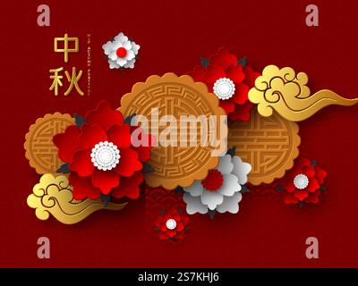 Chinese Mid Autumn festival design. 3d paper cut flowers, mooncakes and clouds. Red traditional pattern. Translation - Mid Autumn. Vector illustration.. Chinese Mid Autumn festival design. Stock Vector
