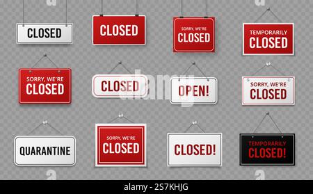 Closed sign. Information signboard with rope for business, site and service, cafe or restaurant. Covid 19 quarantine warning vector public signs. Closed sign. Information signboard with rope for business, site and service, cafe or restaurant. Covid 19 quarantine warning vector signs Stock Vector