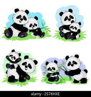 Cute baby panda bear and its mother playing on grass, eating bamboo stems and leaves, vector cartoon illustration. Wild animal funny characters for kids books, t-shirt print, cards, posters for zoo. Vector cartoon set of cute panda bear characters Stock Vector