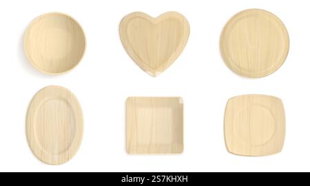 Empty wooden different shapes bowls top view. Realistic vector mockup of square, round and heart shaped plates. Set of timber crockery isolated on white background. Top view of wooden different shapes bowls Stock Vector