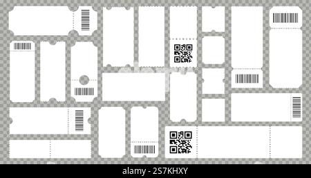 Concert movie theater ticket template. Empty lottery cardboard or paper coupons. Ribbed templates with barcode or qr code. Vector isolated set. Concert movie theater ticket template. Empty lottery cardboard coupons. Templates with barcode or qr code. Vector isolated set Stock Vector
