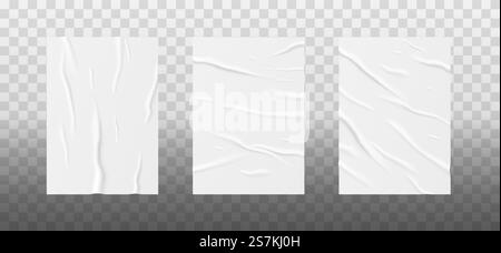 Wrinkled paper sheets set. Realistic template for poster or flyer glued to the wall isolated on transparent background. 3d vector illustration. Wrinkled paper sheets set. Realistic template for poster or flyer glued to the wall Stock Vector