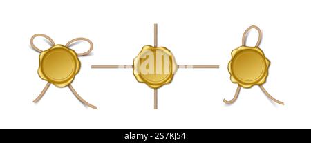 Realistic golden wax stamps with rope. Set of retro seals isolated on white background. Empty royal post and mail signs or security symbols. Vector illustration. Realistic golden wax stamps with rope. Set of retro seals isolated on white background. Stock Vector