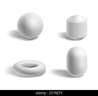 Basic 3d geometric shapes: sphere, torus, capsule white isolated templates with shadows. Geometry figures and forms set. Vector illustration. Basic 3d geometric shapes: sphere, torus, capsule white isolated templates Stock Vector