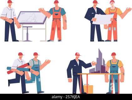 Builders and architects. Professional engineers and contractors, architectural project development and approval, flat construction projection set vector characters. Builders and architects. Professional engineers and contractors, architectural project development and approval, flat set vector characters Stock Vector