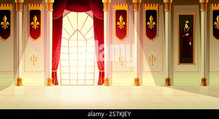 Medieval castle ballroom, historical museum hall cartoon vector background. Shiny tiled floor, red curtains on big window, high columns, flags with heraldic emblem and tapestry on walls illustration. Medieval castle ballroom cartoon vector background Stock Vector