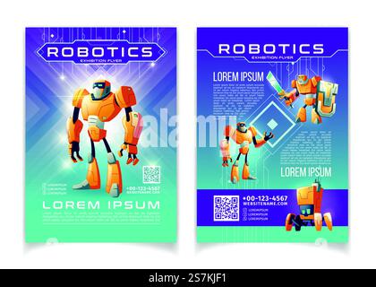 Robotics and artificial intelligence technologies exhibition advertising flyer cartoon vector pages template. Computer game fans conference promo brochure. Futuristic cyborgs characters illustration. Robotics exhibition advertising flyer vector pages Stock Vector