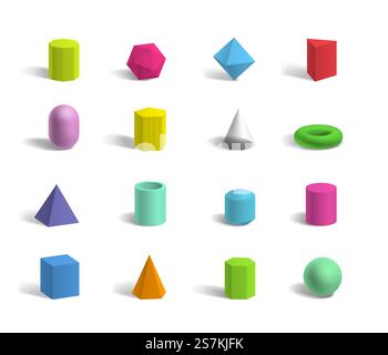 Set of basic 3d geometric shapes colorful sphere, torus, cube, pyramids, hexagon and pentagon isolated with shadows. Solid geometry figures and forms collection. Vector illustration. Set of basic 3d geometric shapes colorful sphere, torus, cube, pyramids isolated Stock Vector
