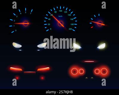 Glowing in darkness blue, red and white light, car front, back headlights, speedometer and tachometer scales, battery, fuel or oil level indicators 3d realistic vector set isolated on black background. Car headlights and dashboard scales vector set Stock Vector