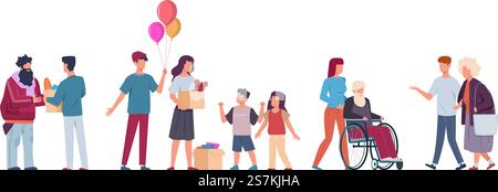 Volunteer. Volunteers help people, charity community collect donation support old and sick people, give food and clothes. flat cartoon vector characters. Donations and Charity concept. Volunteer. Volunteers help people, charity community collect donation support old and sick people, give food and clothes vector characters Stock Vector
