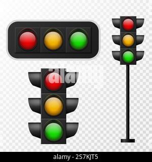 Traffic light. Realistic electric lights with three colors red, yellow and green. Street regulation system signals, road safety in the city, vector set isolated on transparent background. Traffic light. Realistic lights with three colors red, yellow and green. Street regulation system signals, road safety in the city, vector isolated set Stock Vector