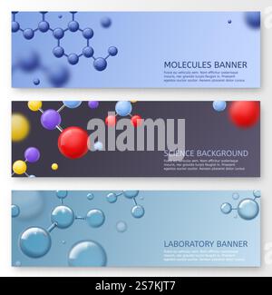 Molecules banners. Molecular structure with shining spherical particles atoms, biotechnology dna, science researching biological or chemical lab vector set. Molecules banners. Molecular structure with shining spherical particles atoms, biotechnology dna, science researching lab vector set Stock Vector