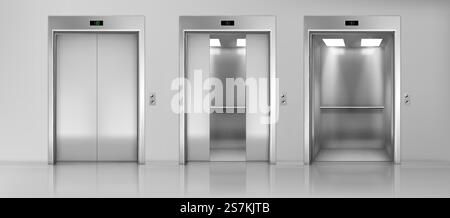Modern passenger or cargo elevators, lifts with closed, opened and half closed, metallic cabins doors, floor indicators digits and glossy flooring in empty corridor 3d realistic vector illustration. Elevators empty cabins on floor realistic vector Stock Vector