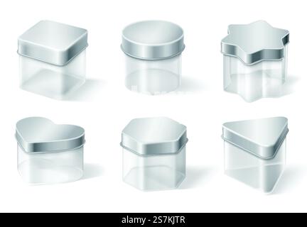 Transparent glass jar with metal lid isolated on white background. Vector realistic mockup of empty clear plastic boxes for jam, tea, coffee or cream. Set of different shapes containers with steel cap. Transparent glass jar with metal lid Stock Vector