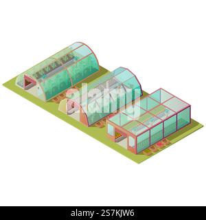 Isometric greenhouses set, farm hothouse buildings of different shapes for growing plants with glass windows and automatic lifting door isolated on white background. 3d vector illustration, clip art. Isometric greenhouse, farm buildings isolated icon Stock Vector