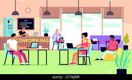 Coworking. People talking and working at computers in open space office, multinational employees, workers together flat vector freelance concept. Coworking. People talking and working at computers in open space office, multinational employees, workers together flat vector concept Stock Vector