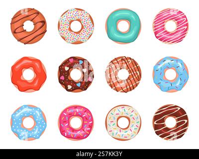 Donuts. Doughnuts in colorful glaze, kids sweets assorted, pastry for menu design, cafe decoration and delivery box glazed cover vector set. Donuts. Doughnuts in colorful glaze, kids sweets assorted, pastry for menu design, cafe decoration and delivery box cover vector set Stock Vector
