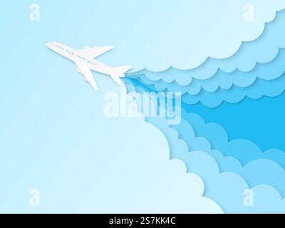Airplane in blue sky. Flight plane in origami style, aviation tourism. Summer travelling paper cut vector transportation with wings concept. Airplane in blue sky. Flight plane in origami style, aviation tourism. Summer travelling paper cut vector transportation concept Stock Vector