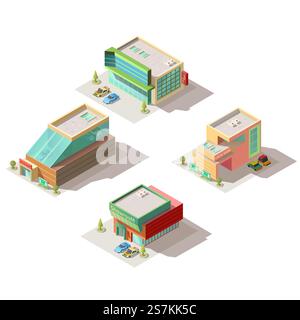 Cars selling salons and dealers showrooms modern buildings entrance exteriors with passenger cars on parking isometric projection vector set isolated on white background. City commercial real estate. Car salon showrooms building isometric vector Stock Vector