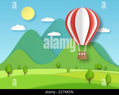 Hot air balloon paper. Origami art red flying baloon on background of mountain and trees cut vector summer craft travel design illustration. Hot air balloon paper. Origami art red flying baloon on background of mountain and trees cut vector illustration Stock Vector
