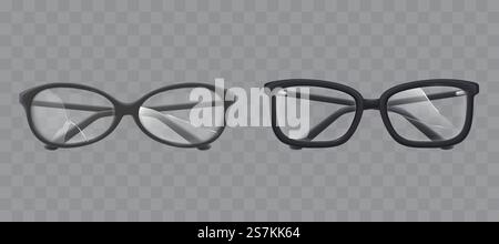 Old women, men eyeglasses with black plastic, round, rectangular frames and damaged, broken, cracked lenses glass front view, 3d realistic vector illustrations isolated on transparent background. Eyeglasses with shattered glass realistic vector Stock Vector