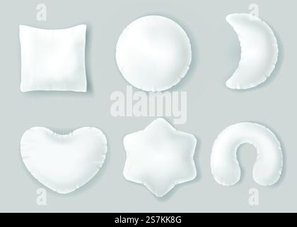 White cotton pillows, fluffy cushions isolated on gray background. Vector realistic mockup of blank bed, sofa or travel soft textile pillows different shapes for comfort dream, sleep and relaxation. White cotton pillows, fluffy cushions Stock Vector