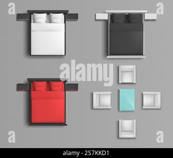 Sleeping bed with various color linens and pillows, soft armchairs and coffee table top view realistic vector set isolated on grey background with shadows. Modern furniture for bedroom and living room. Bedroom and living room furniture vector set Stock Vector