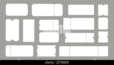 Empty cinema or theater ticket set. Empty lottery cardboard or paper coupons. Ribbed vintage templates vector isolated on transparent background mockups collection. Empty cinema or theater ticket set. Empty lottery cardboard coupons. Ribbed templates vector isolated mockups collection Stock Vector