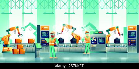 Factory automated packaging line, plant robotized production, innovative manufacturing with computer numerical control technologies cartoon vector. Industrial technician, engineer working on conveyor. Modern factory robotized conveyor cartoon vector Stock Vector