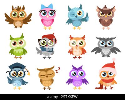 Cute owls. Colorful friendly owl, birthday kids shower stickers. Funny animal joyful forest or zoo birds, cuteness comic characters cartoon isolated vector set. Cute owls. Colorful friendly owl, birthday kids shower stickers. Funny animal joyful forest birds, cuteness characters cartoon vector set Stock Vector
