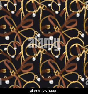 Belts seamless pattern. Gold chains and pendants, bracelets and leather straps, pearl accessory and ring elements design for fashion wallpaper. vector texture. Belts seamless pattern. Gold chains and pendants, bracelets and leather straps elements design for fashion wallpaper vector texture Stock Vector
