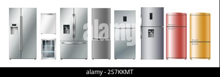 Set of realistic refrigerators of different size, style and color. 3d fridges collection. Domestic kitchen freezers for products and food storage. Vector illustration. Set of realistic refrigerators of different size, style and color. 3d fridges collection Stock Vector