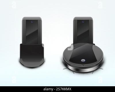 Modern robot vacuum cleaner charging battery, waiting for command on docking station 3d realistic vector. Home smart appliance for automatic vacuuming, digital device for house cleaning illustration. Robot vacuum cleaner on docking station vector Stock Vector