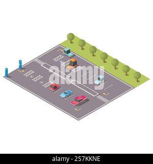 City street car parking area with various passenger vehicles, going on road, parked on parallel lots for disabled people isolated, isometric vector illustration. Urban transport infrastructure element. City parking with disabled spaces isometric vector Stock Vector