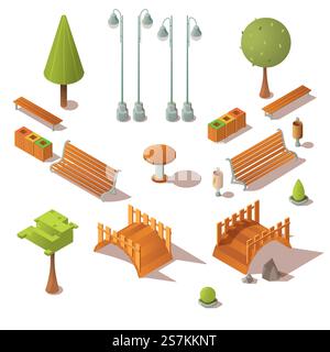 Isometric park set. Benches, trees, wooden bridges, litter bins design elements isolated on white background. City units icons for town street architecture decoration. 3d vector illustration, clip art. Isometric park set. Benches, trees, wooden bridges Stock Vector
