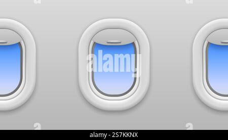 Plane window. Airplane windows with blue sky view, opened porthole in flying airplane, travel and tourism, interior seamless vector texture. Plane window. Airplane windows with blue sky view, opened porthole in flying airplane, travel and tourism, seamless vector texture Stock Vector
