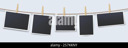 Photos hanging on rope attached with clothes pins. Blank instant photo frames with transparent place isolated on white background. Wooden clothes pegs with photography vector illustration. Photos hanging on rope attached with clothes pins. Blank instant photo frames with transparent place Stock Vector