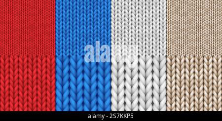 Realistic knit textures seamless patterns set. Detailed woolen textile style of background for banner or wallpaper. 3d vector illustration. Realistic knit textures seamless patterns set. Detailed woolen textile style of background Stock Vector