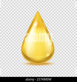 Realistic oil drop. Gold vector honey or petroleum droplet, icon of yellow essential aroma or olive oils, vector isolated illustration on transparent background. Realistic oil drop. Gold vector honey or petroleum droplet, icon of essential aroma or olive oils, vector illustration on transparent background Stock Vector