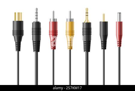 Realistic audio connector headphone plugs set. Adapter wire electronic speaker joint for smartphone and computer. 3d vector illustration. Realistic audio connector headphone plugs set. Adapter wire speaker for smartphone and computer Stock Vector