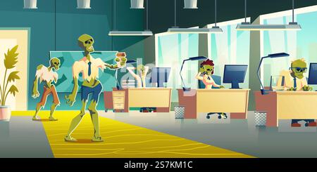 Exhausting office work concept. Female, male zombie characters in ragged clothing, working on computer, using cellphone at desks, walking with coffee cup in office interior cartoon vector illustration. Office zombies at work cartoon vector concept Stock Vector