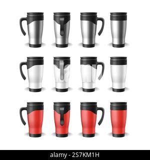 Set of realistic travel mugs, thermoses for car or office and hot drinks package blank mockups for branding. Red, white and silver thermo cups isolated. 3d vector illustration. Set of realistic travel mugs, thermoses for car or office hot drinks blank mockups for branding Stock Vector